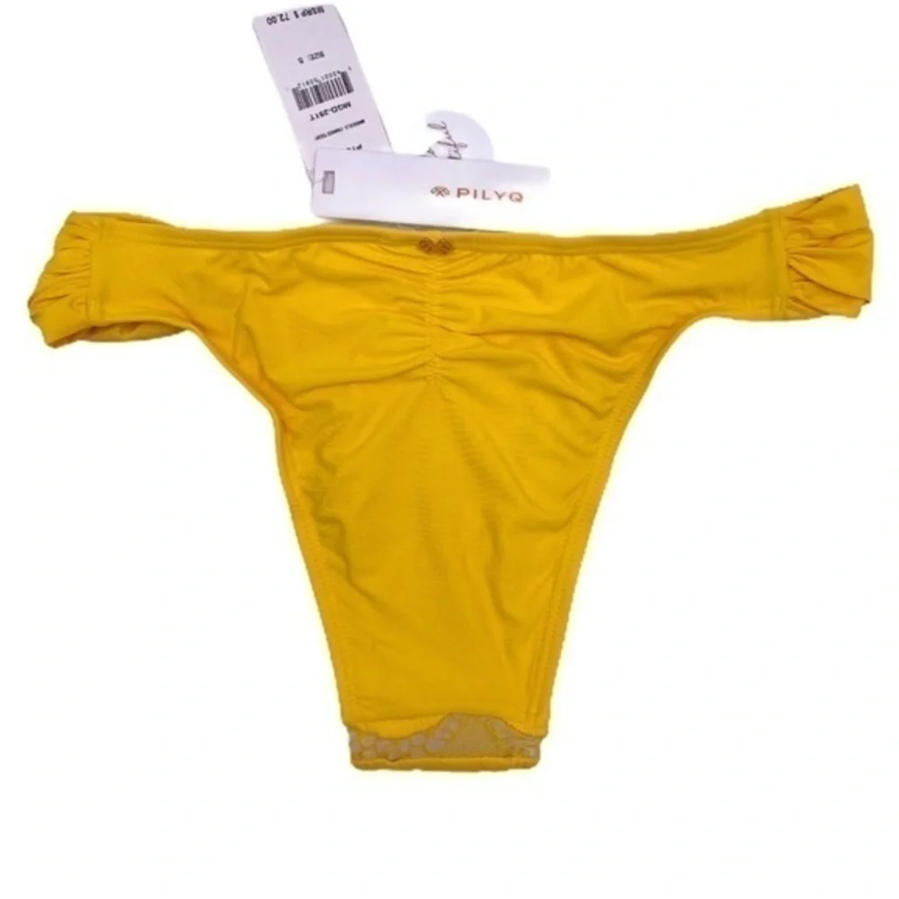 PilyQ Revolve Lace Fanned Teeny Cheeky Bikini Bottom Yellow Gold NWT